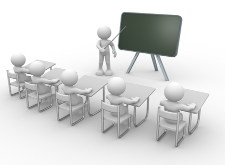 Artists impression of a classroom, pupils sat at desks looking at the teacher and board.