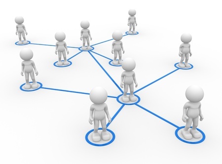 People standing in a grid representing a network topology.